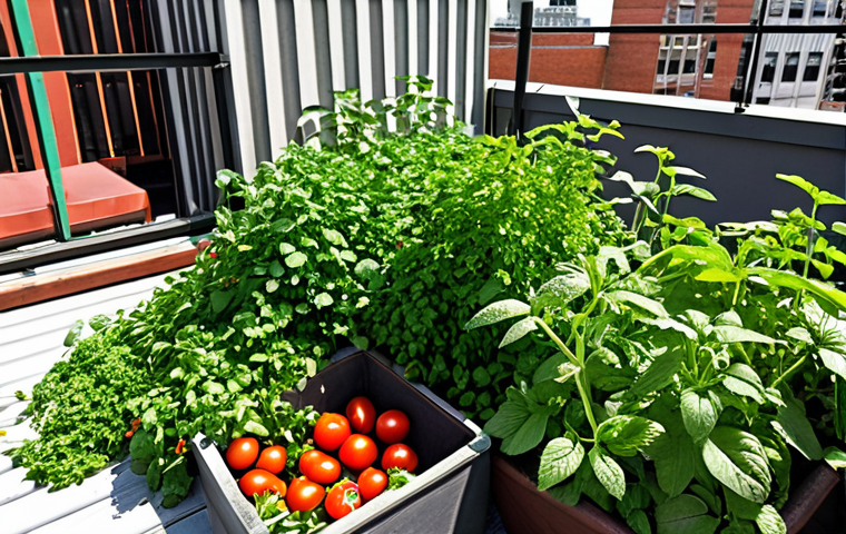 **Rooftop Garden Bounty:** A vibrant rooftop garden overflowing with thriving mint, cilantro, tomatoes, and chili peppers. The scene emphasizes healthy growth and abundance, showcasing the rewards of urban farming.