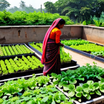 Home 12 Rooftop Vegetable Garden Setup**
"A vibrant rooftop garden in Bangladesh, showcasing various potted vegetables. Focus on healthy plants, rich soil with organic compost (cow manure, vermicompost), and proper drainage systems in the pots. A woman wearing a traditional sari is tending to the plants. Bright, sunny day. Safe for work, appropriate content, fully clothed, professional, modest, family-friendly, perfect anatomy, natural proportions, well-formed hands, proper finger count, natural body proportions, high quality."
**