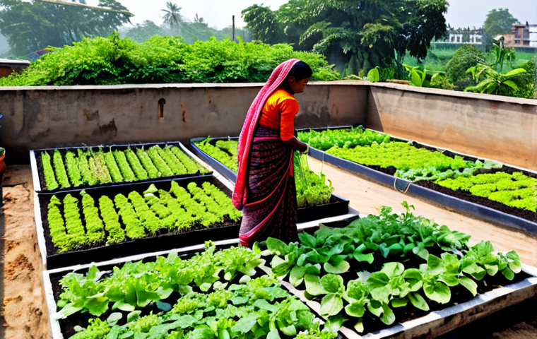 Rooftop Vegetable Garden Setup**

"A vibrant rooftop garden in Bangladesh, showcasing various potted vegetables. Focus on healthy plants, rich soil with organic compost (cow manure, vermicompost), and proper drainage systems in the pots. A woman wearing a traditional sari is tending to the plants. Bright, sunny day. Safe for work, appropriate content, fully clothed, professional, modest, family-friendly, perfect anatomy, natural proportions, well-formed hands, proper finger count, natural body proportions, high quality."

**
