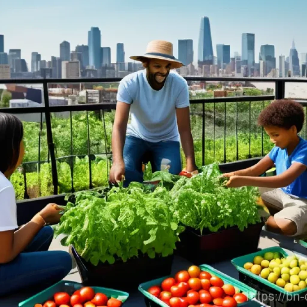 도시농업관리사 채용 공고 분석 - **Prompt:** A vibrant and thriving rooftop garden situated atop a modern city building. In the foreg...