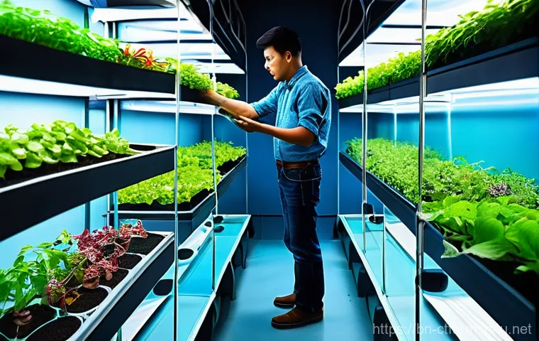 도시농업관리사 채용 공고 분석 - **Prompt:** A sleek, high-tech indoor vertical farm, showcasing multiple stacked layers of meticulou...