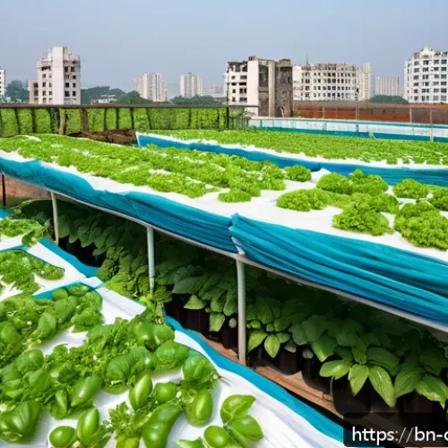 Home 15 도시농업관리사 자격증으로 할 수 있는 일 - A detailed urban rooftop vertical farm in Dhaka, Bangladesh, showcasing multiple stacked layers of v...