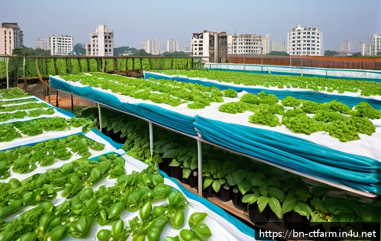 도시농업관리사 자격증으로 할 수 있는 일 - A detailed urban rooftop vertical farm in Dhaka, Bangladesh, showcasing multiple stacked layers of v...