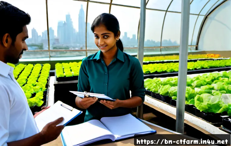 도시농업관리사 취업 시장 동향 - Photorealistic urban agriculture job interview inside a bright rooftop greenhouse, a confident South...